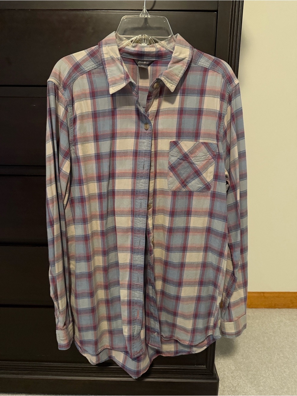 Eddie Bauer Women's Plaid Button-Down Shirt in Blue and Burgundy